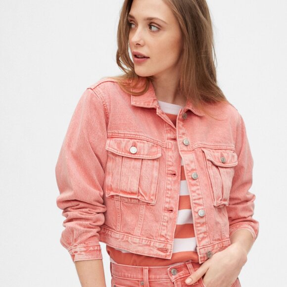 Gap Coral Pink Cropped Jean Jacket - Picture 1 of 5
